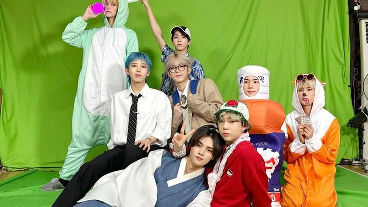 ATEEZ Members Strike Group Poses in Front of Green Chroma Key