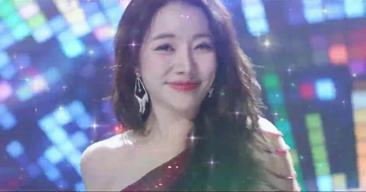 Seol Ha-yoon Smiles in Red Outfit on Stage Screen